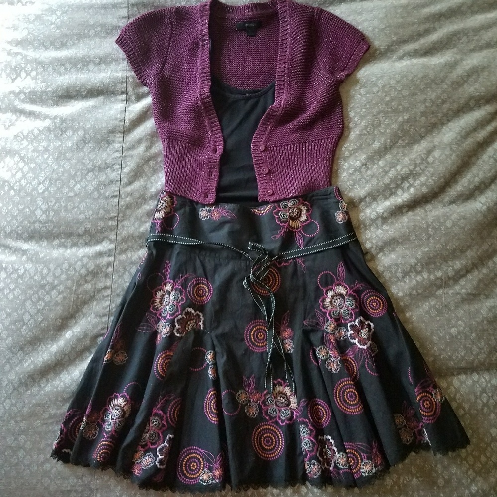 Black and pink A-line embroidered skirt