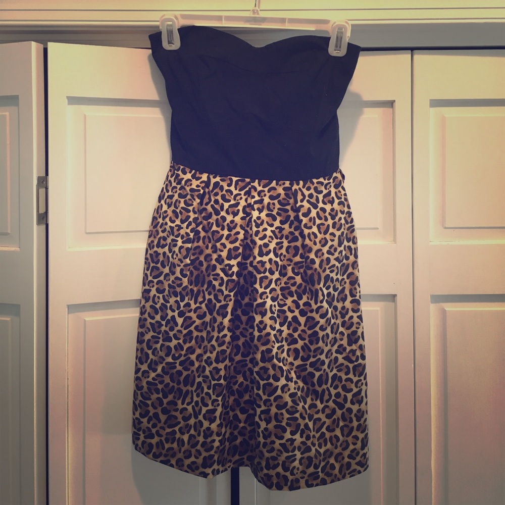 Black and Leopard Print Strapless Dress