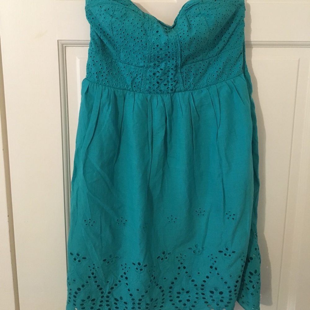 Turquoise Strapless Eyelet Dress