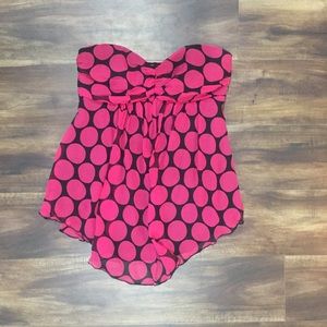 EXPRESS Pink and black Polka dot strapless blouse