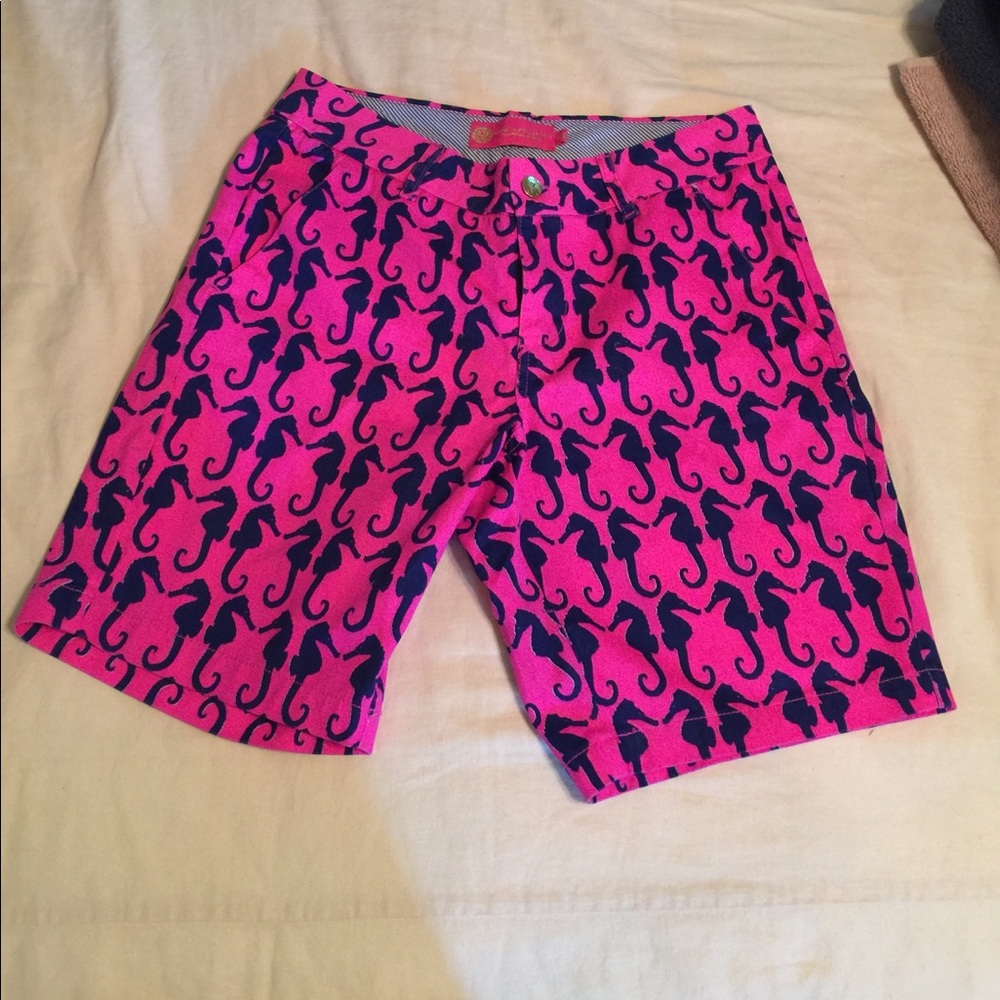 Macbeth Collection pink and navy seahorse shorts.