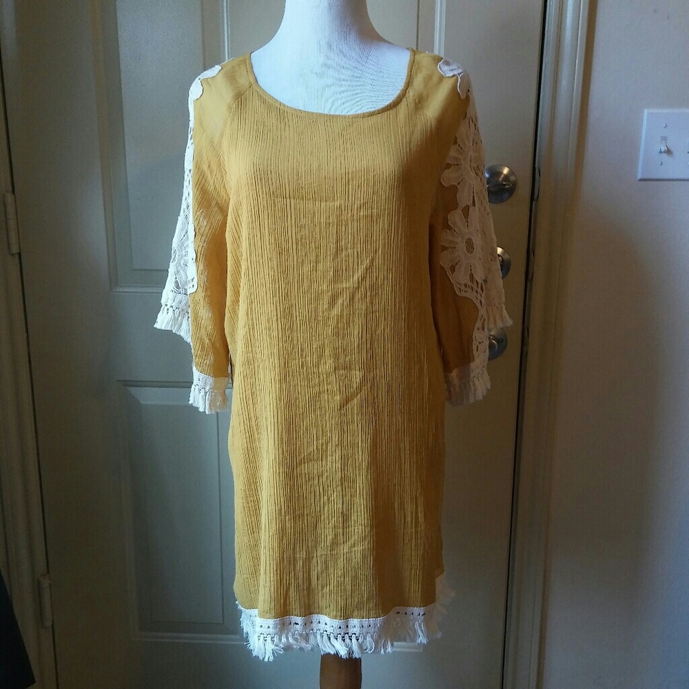 Mustard Shift with Crochet Detailing By Umgee