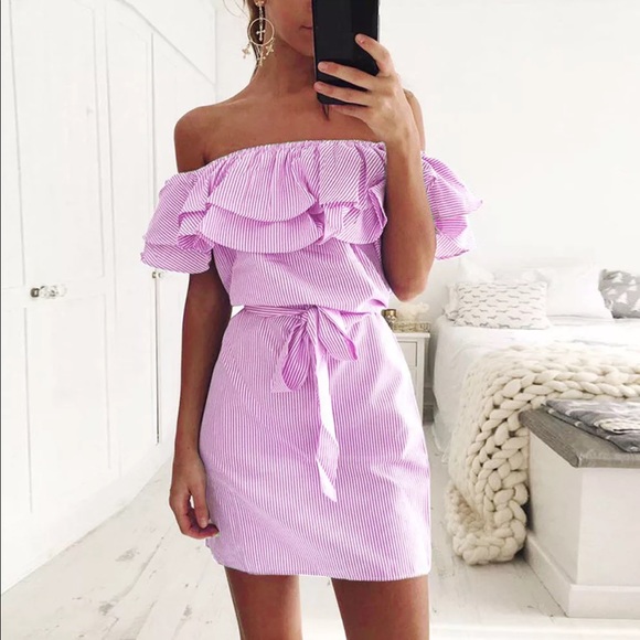 Dresses & Skirts - 💕HP 10/24 Pink Strip Ruffled Off-Shoulder Dress💕