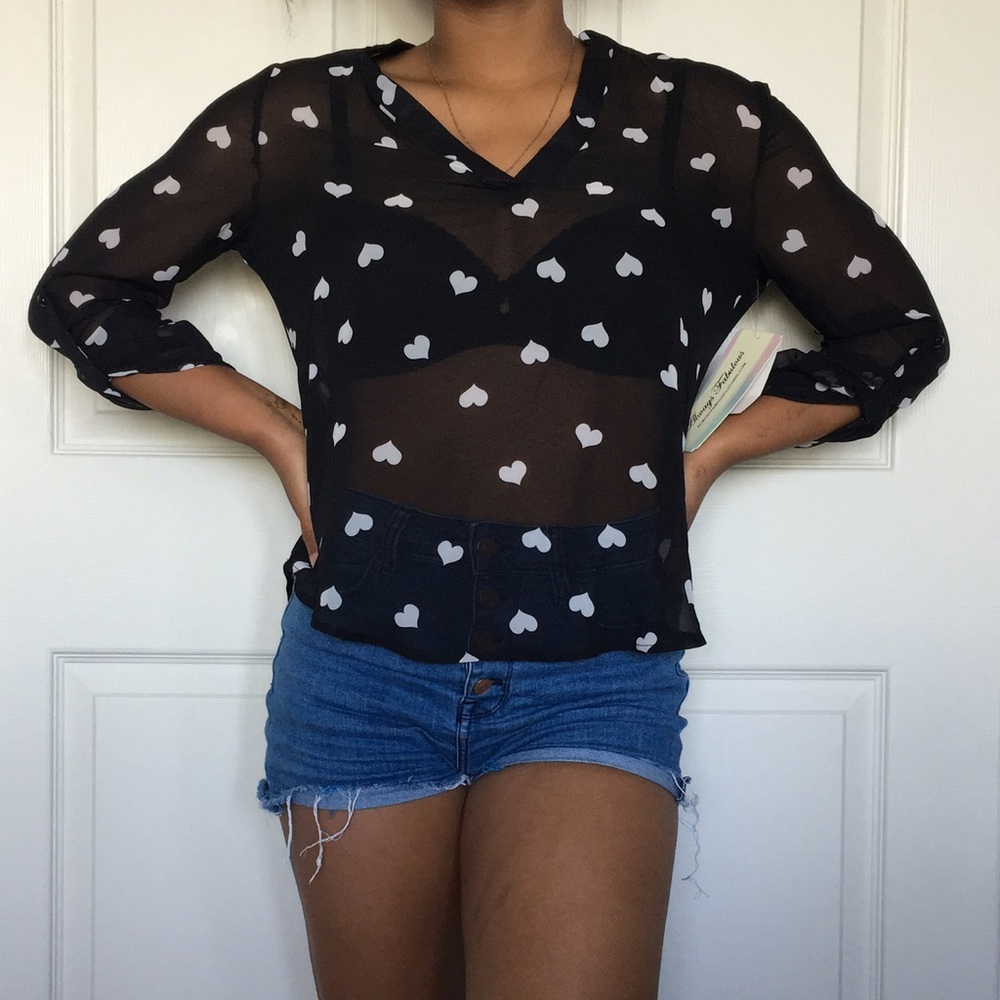 Sheer heart print high-low blouse