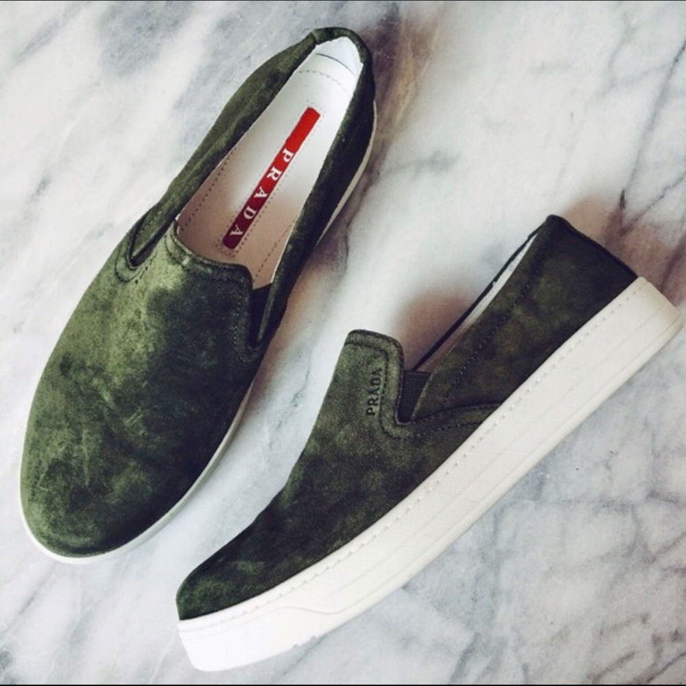 Prada Olive Green Suede Slip-ons