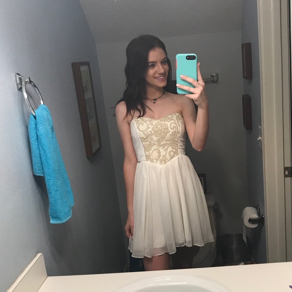 White/gold homecoming/prom dress.