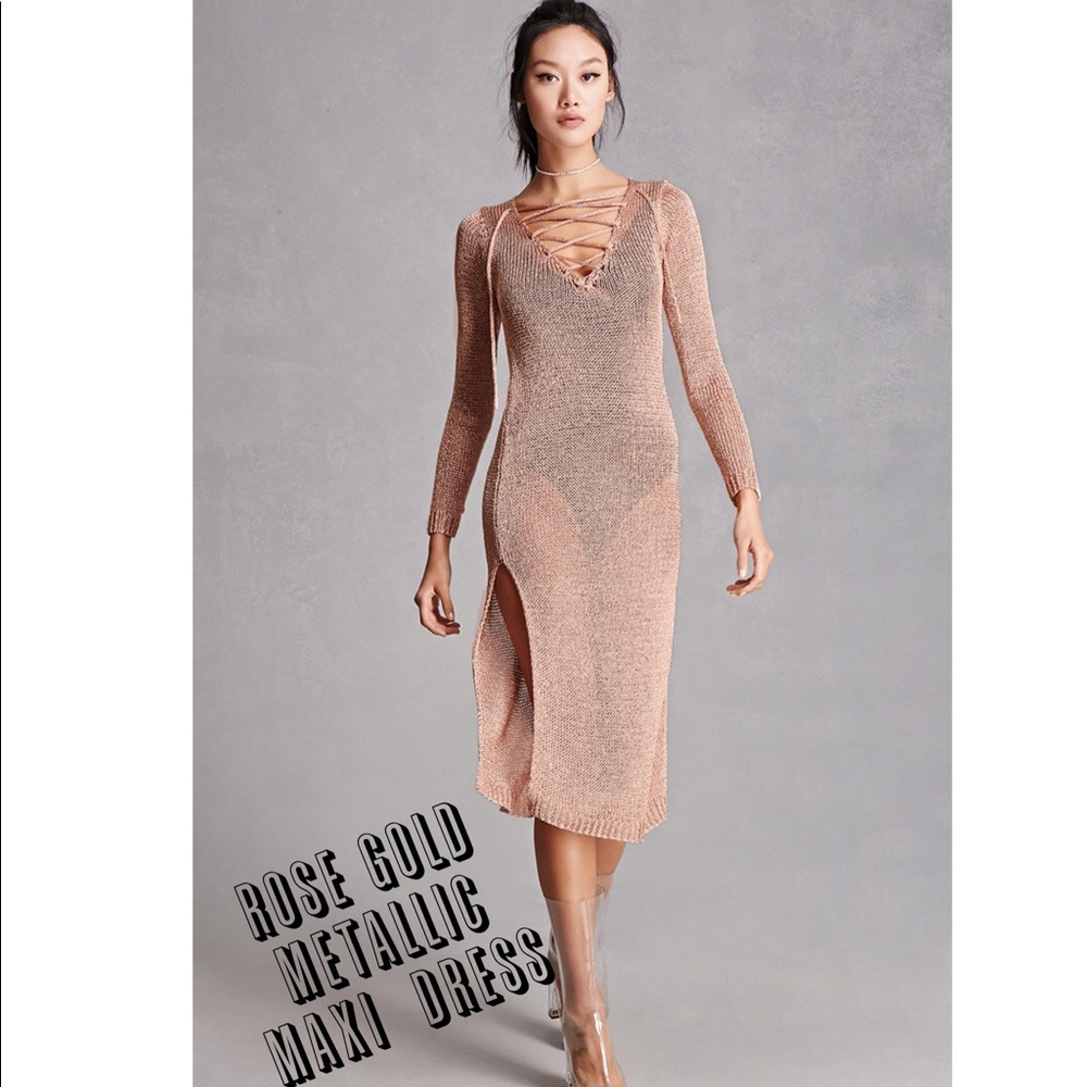 🆕 Nip/Sheer RoseGold Lace-Up Metallic Midi Dress