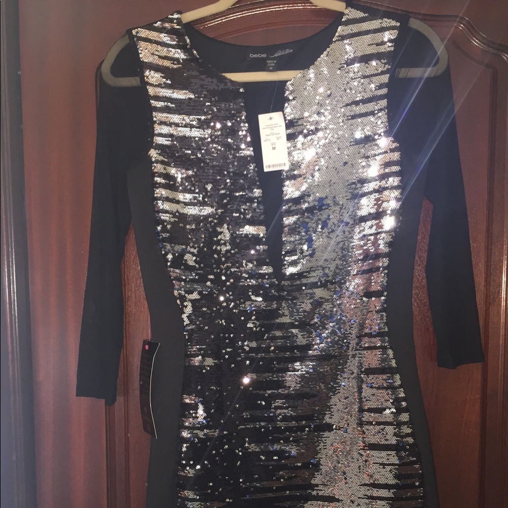 NWT Bebe sequin sexy sheer long sleeve mini dress