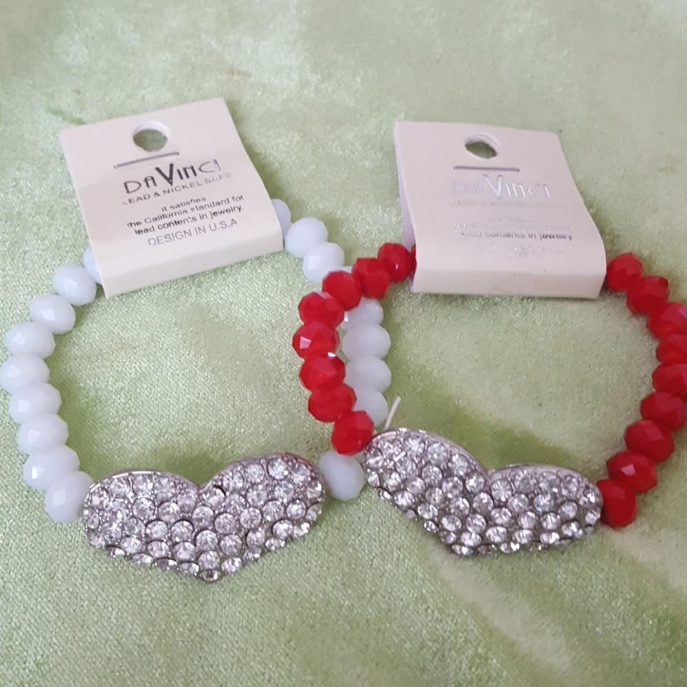 2 stretch to fit bracelets red & white w heart