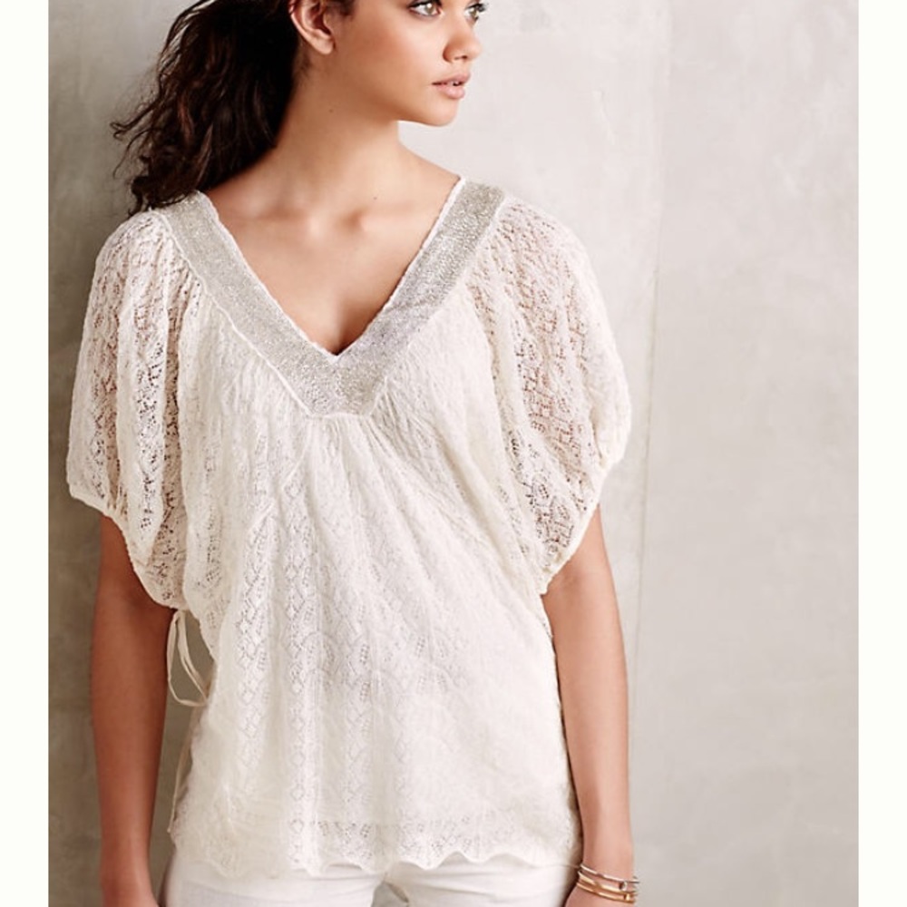{Anthropologie} Gauzy white beaded top!