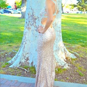 La Femme Gold sequin open-back prom dress