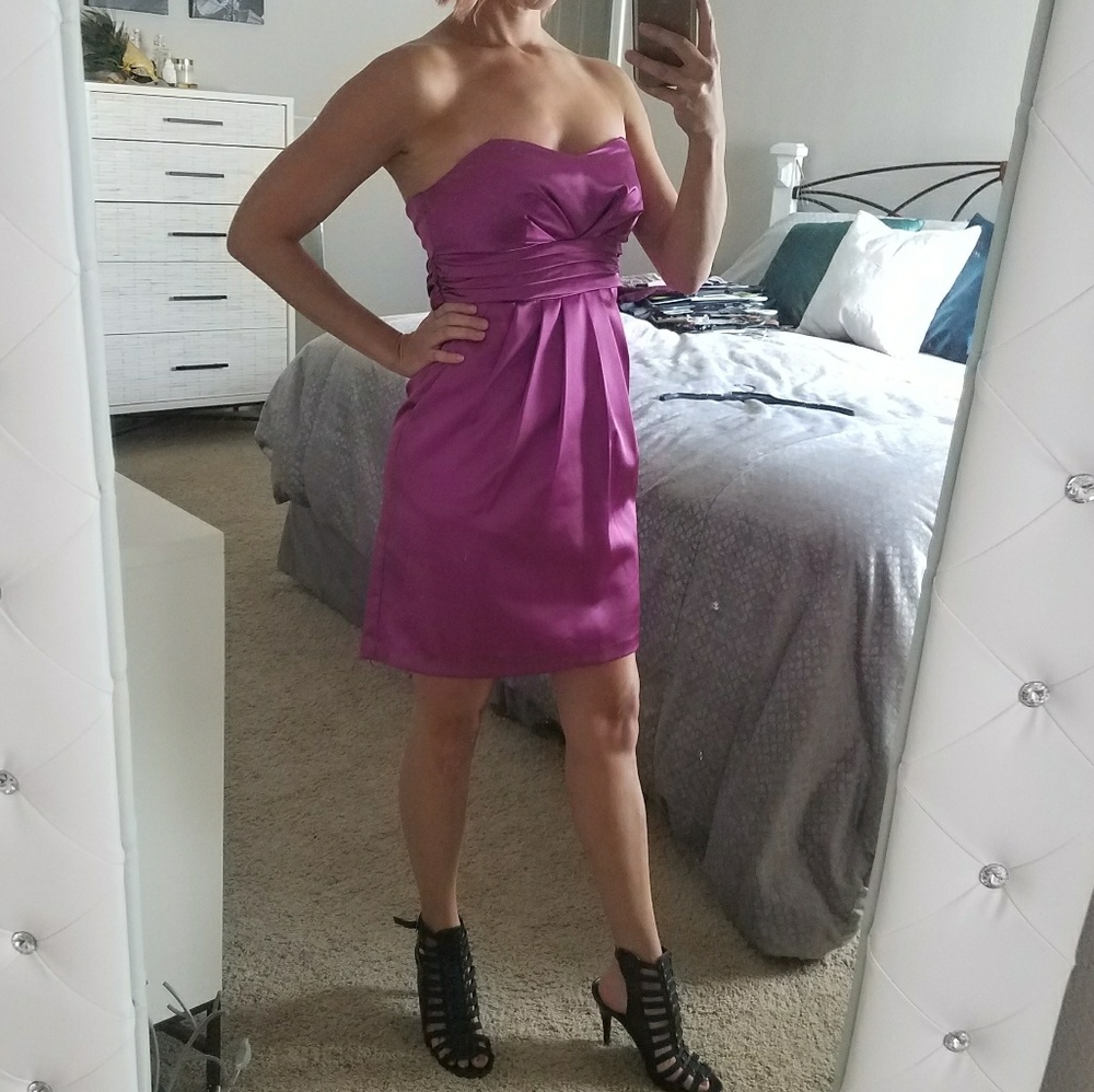 Pink strapless satin party midi dress