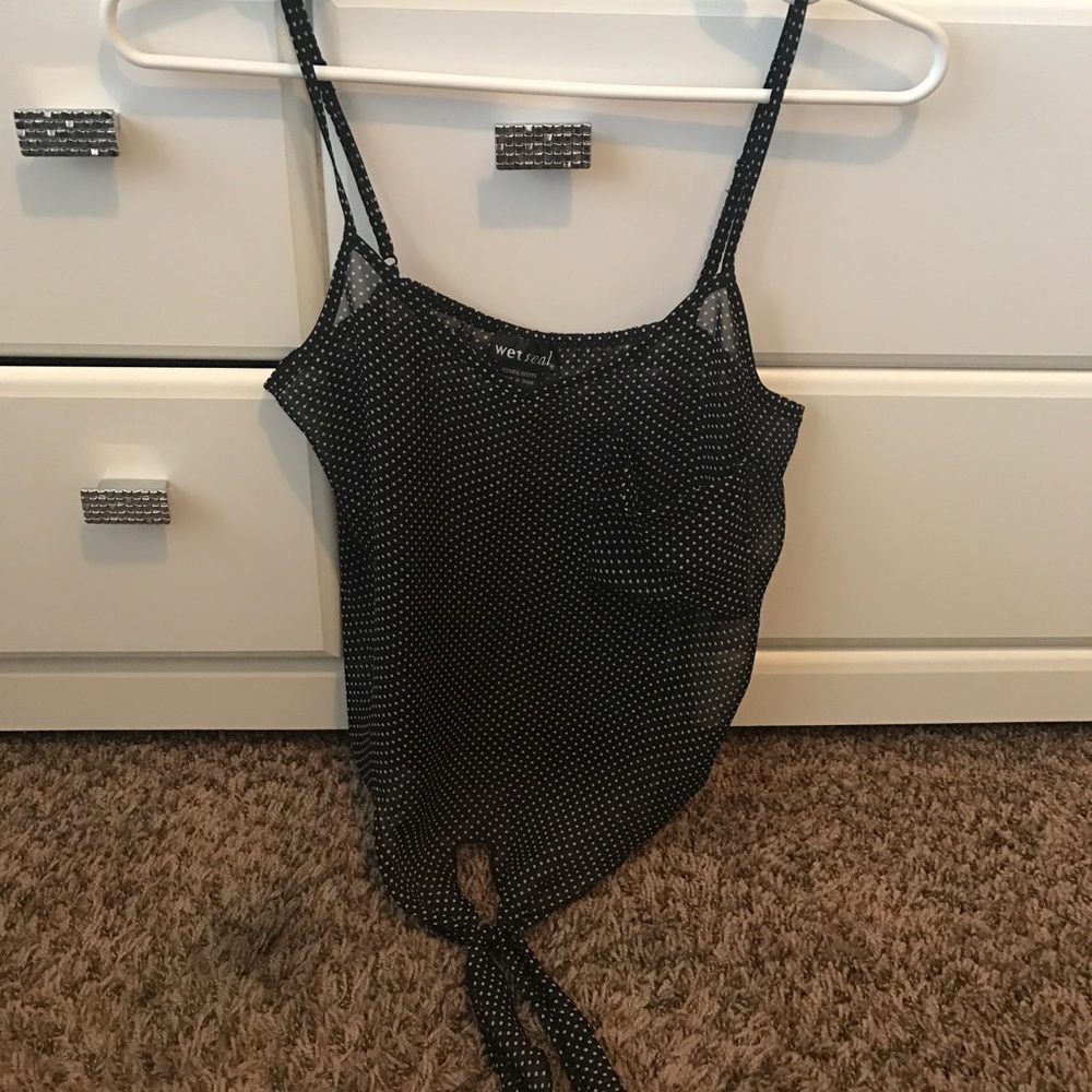 Black and white polkadot sheer shirt