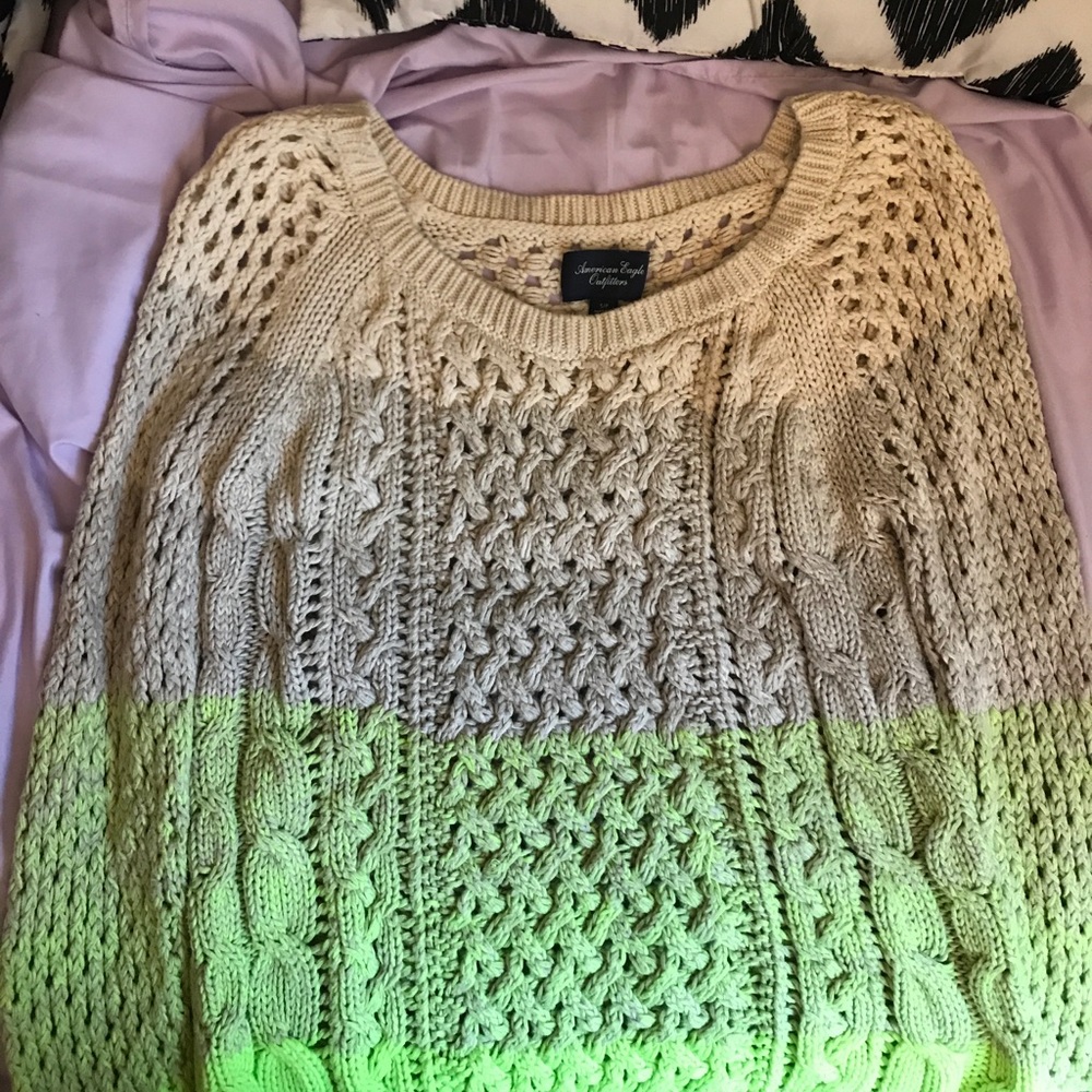 Tan and neon green American Eagle sweater.