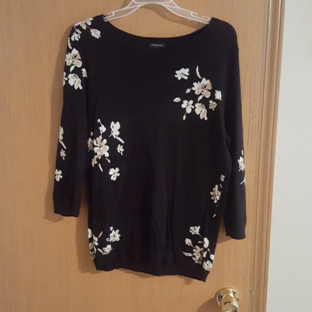 Ann Taylor Black and Creme Floral Sweater