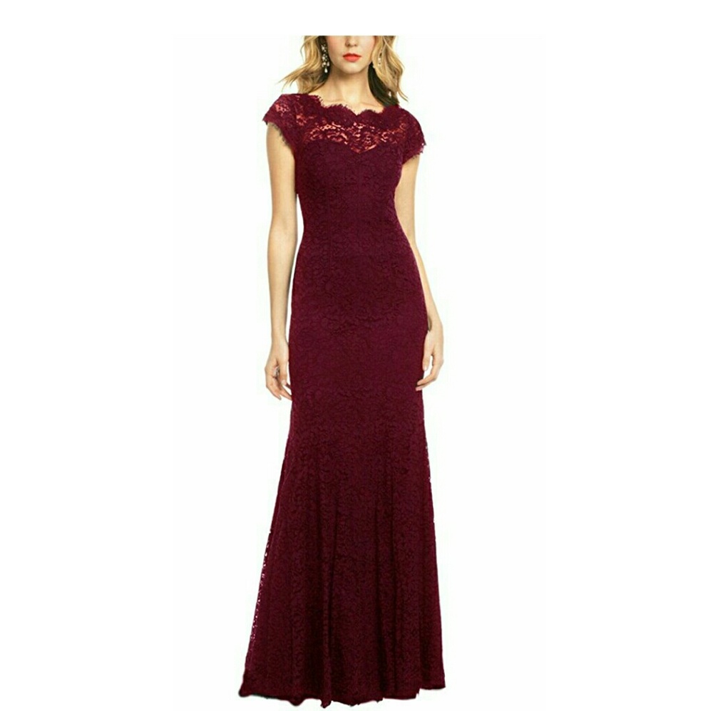 Dark red lace mermaid cap sleeve dress