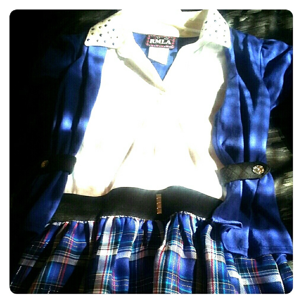 Brand NEW Blue Plaid Skirt w/ Gem studded blouse