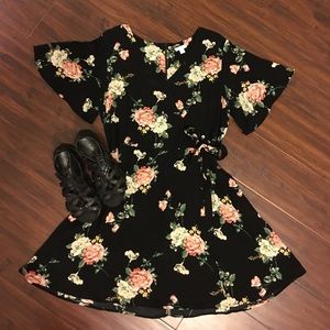 black floral wrap dress