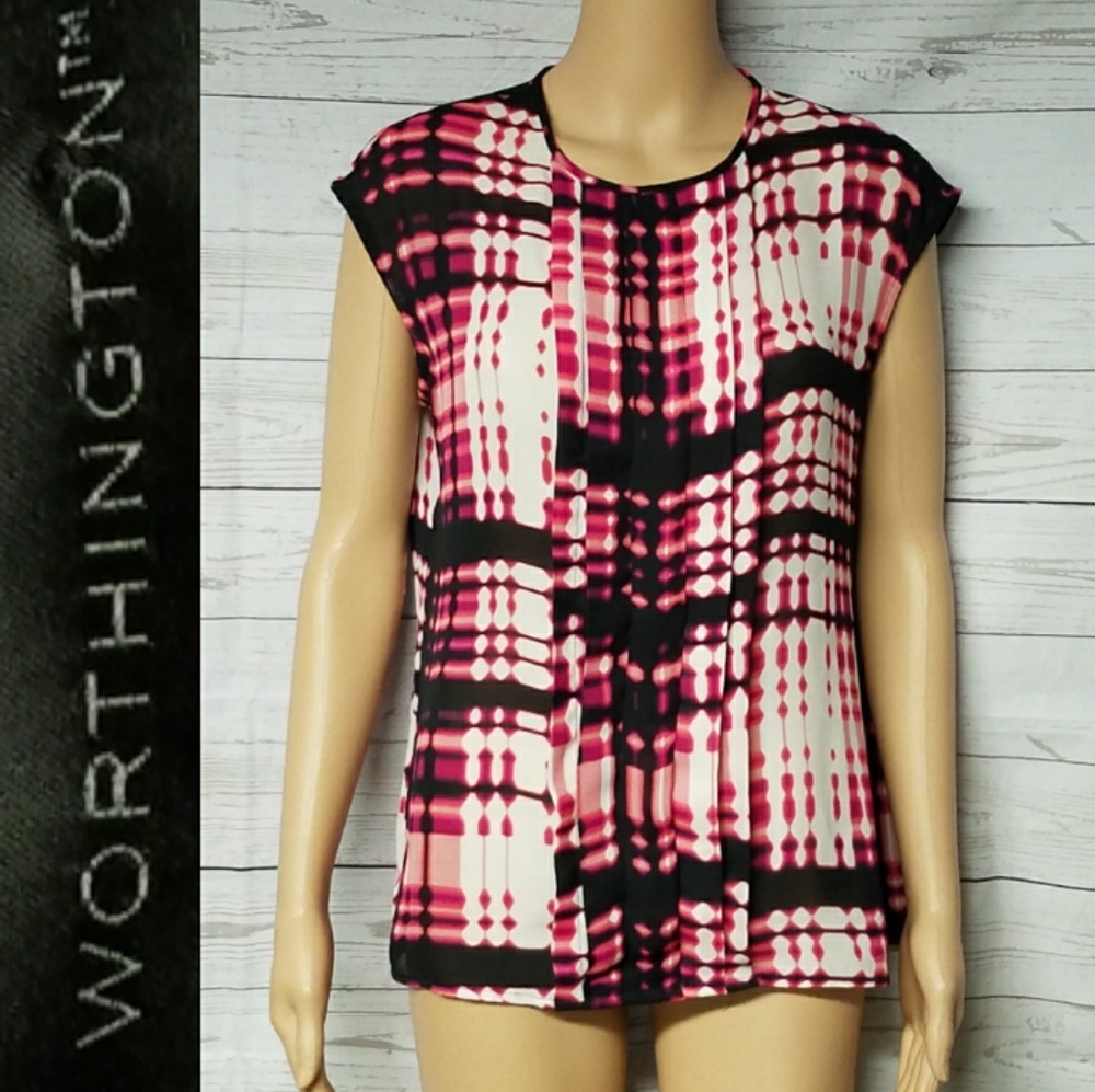 Worthington Pixelated Print Pleated Blouse