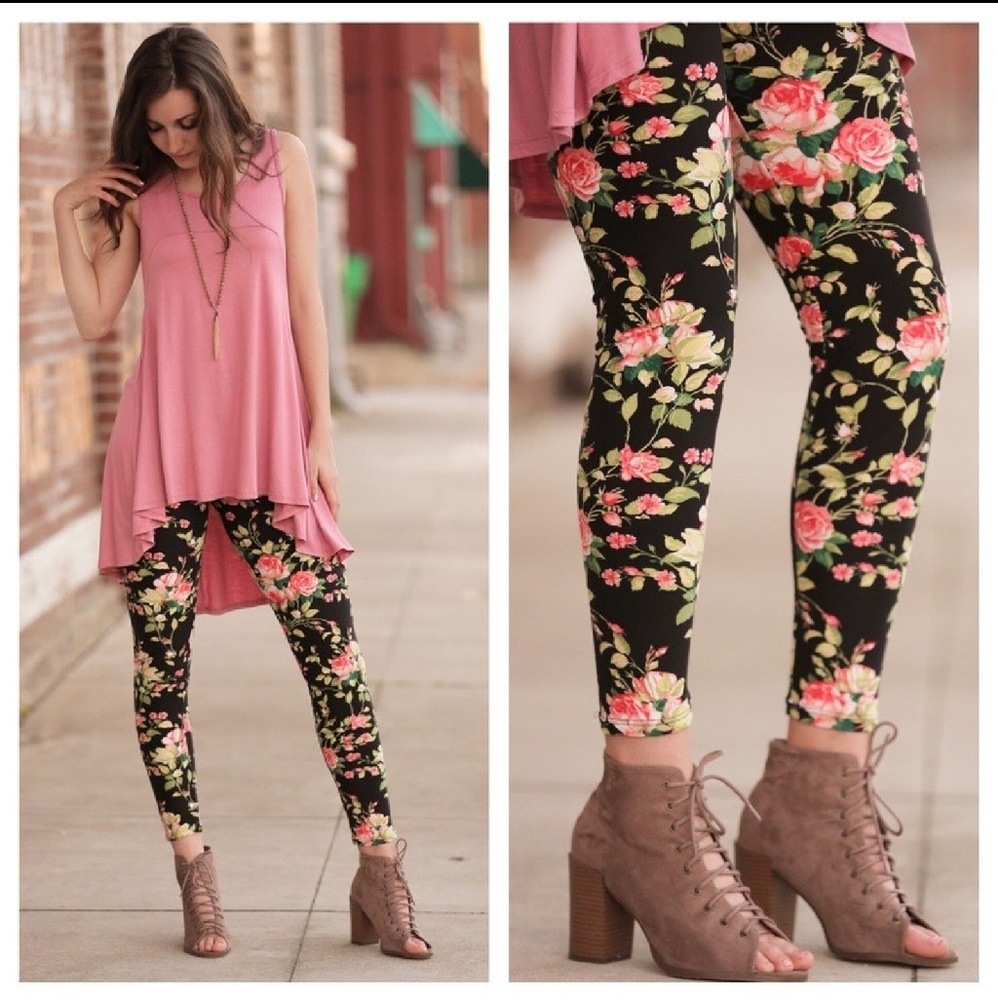 Black Floral Pink Rose Leggings