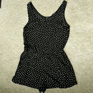 F21 black romper w/ cream dots & zipper back