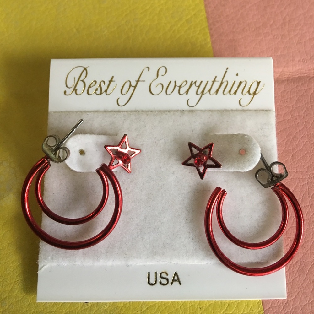 Red Metallic Double Hoop Star Earrings