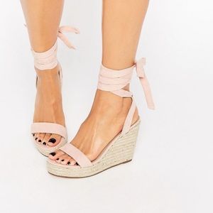 ASOS pink tie leg wrap ankle suede wedge heels