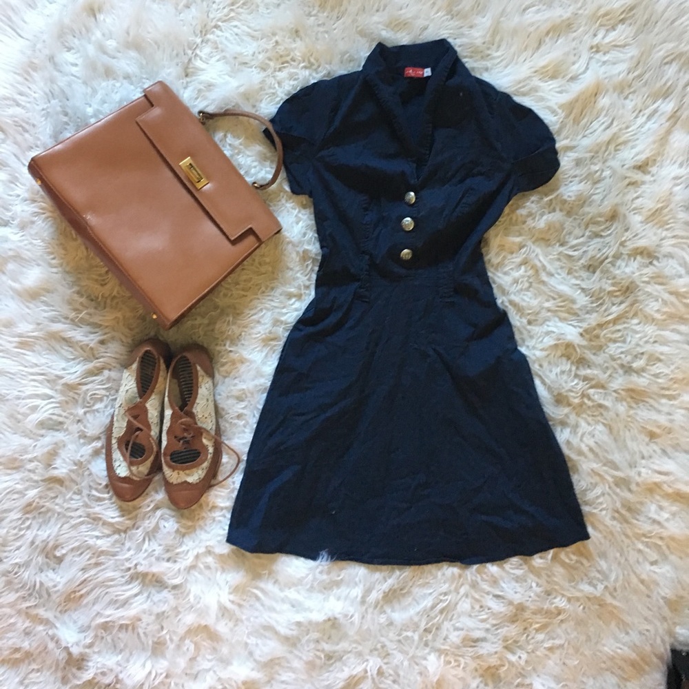 Navy blue A-line dress with collar