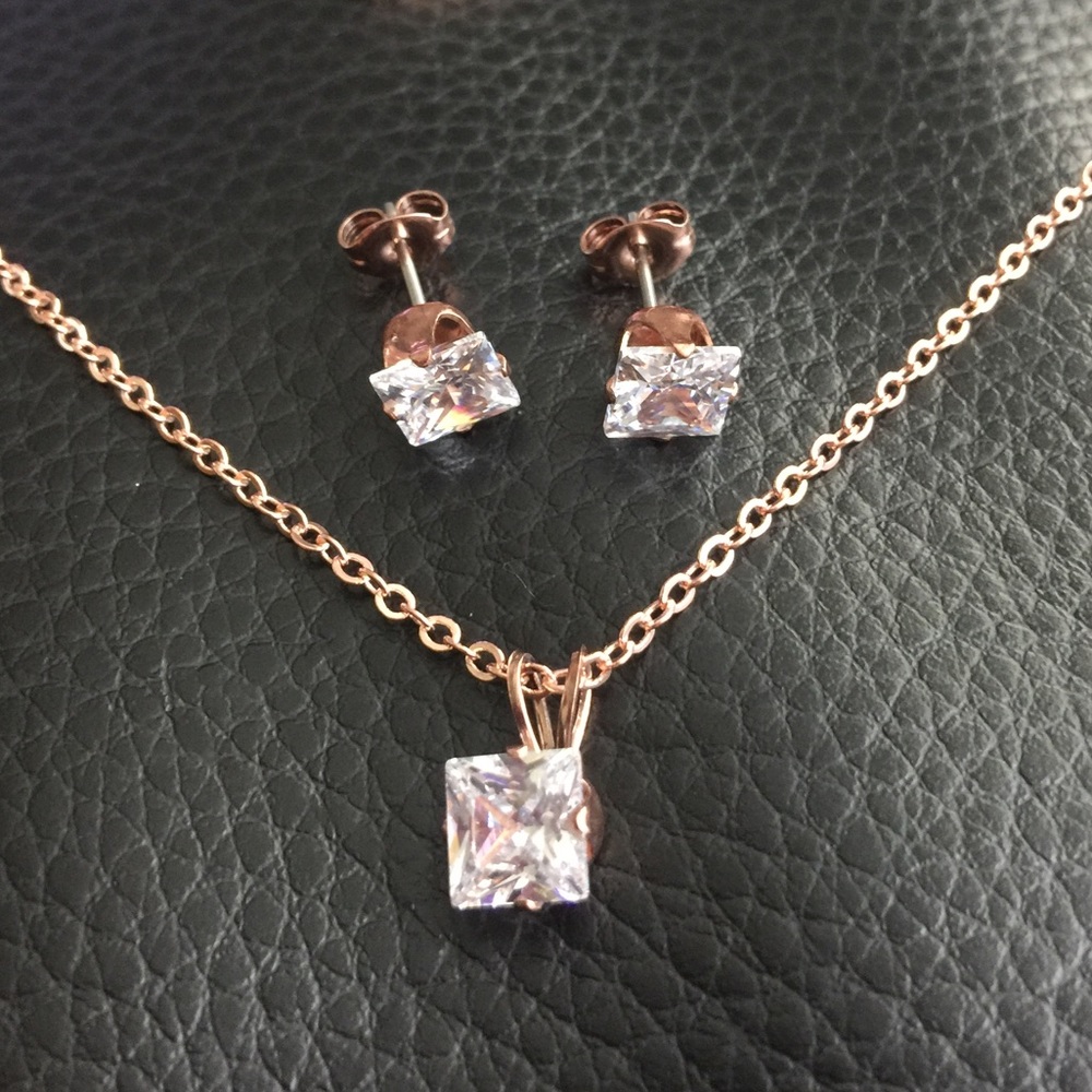 2 pc Rose Gold Princess Cut CZ Necklace Earrings