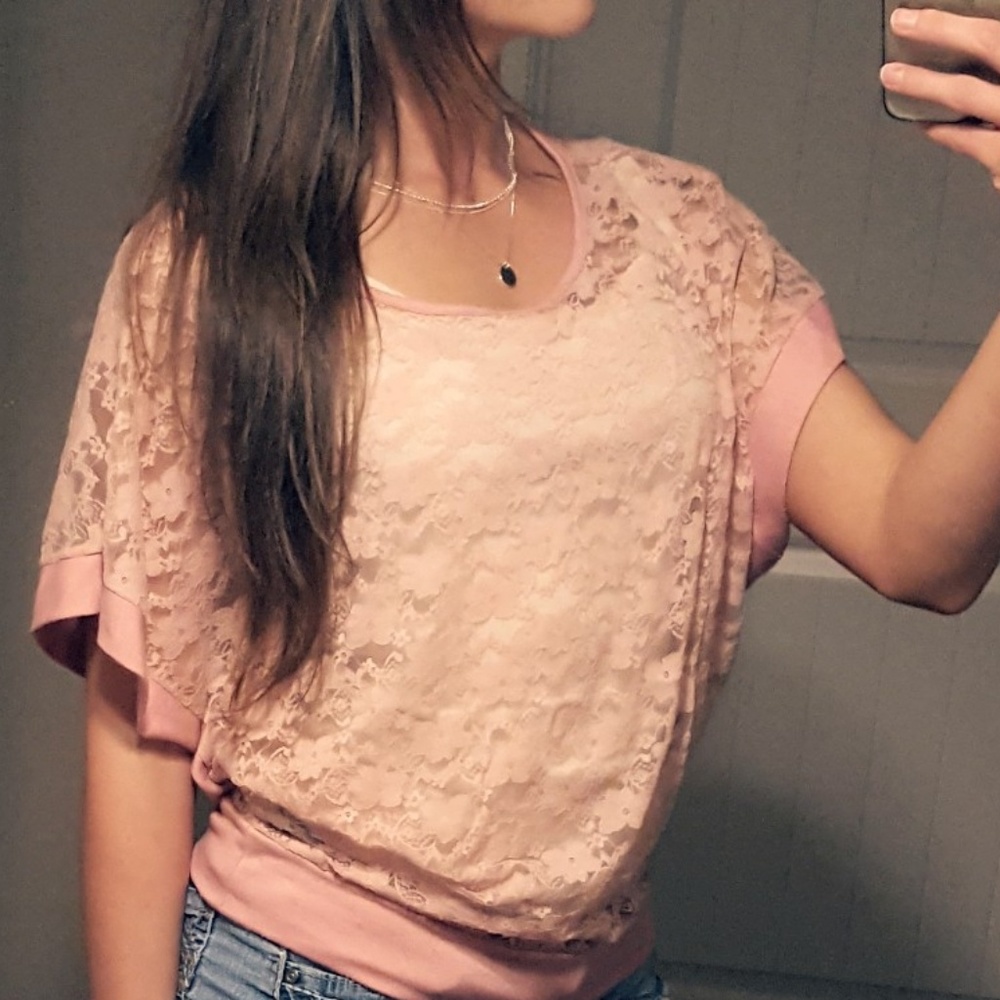 Pink Floral Lace Sheer Batwing Top Cover-up