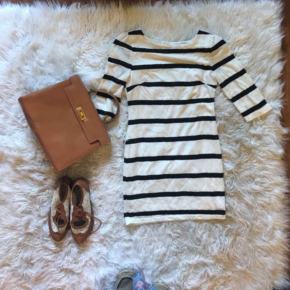 Black and cream striped dress with 3/4 sleeve