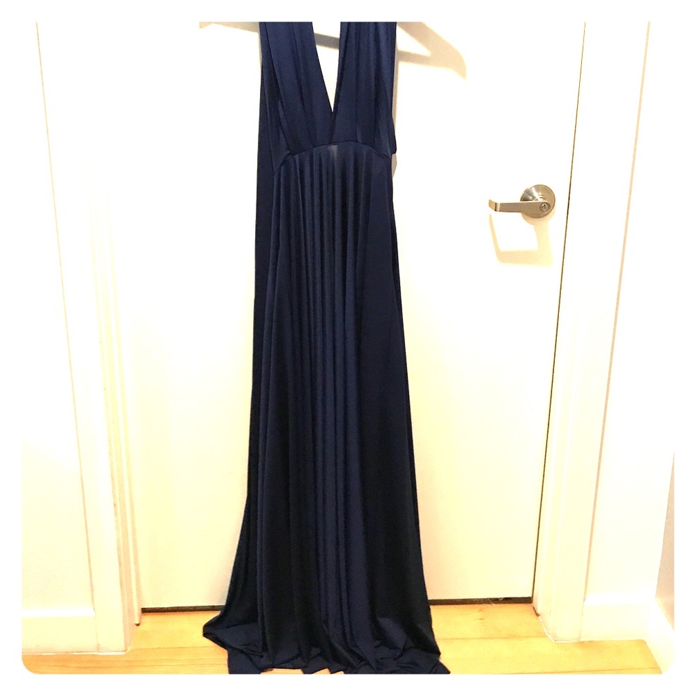 Two birds navy full length bridesmaids dress