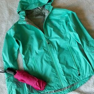 Teal blue rain jacket