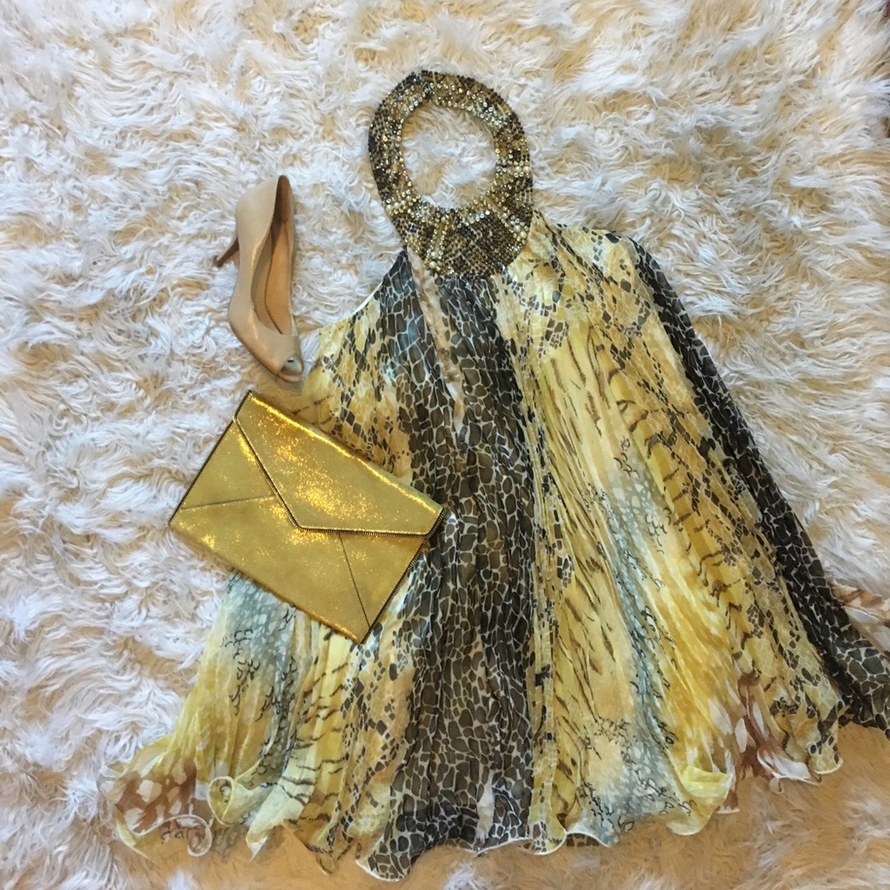 Flouncy animal print halter dress with beading