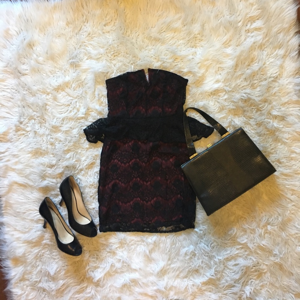 Black lace strapless peplum dress