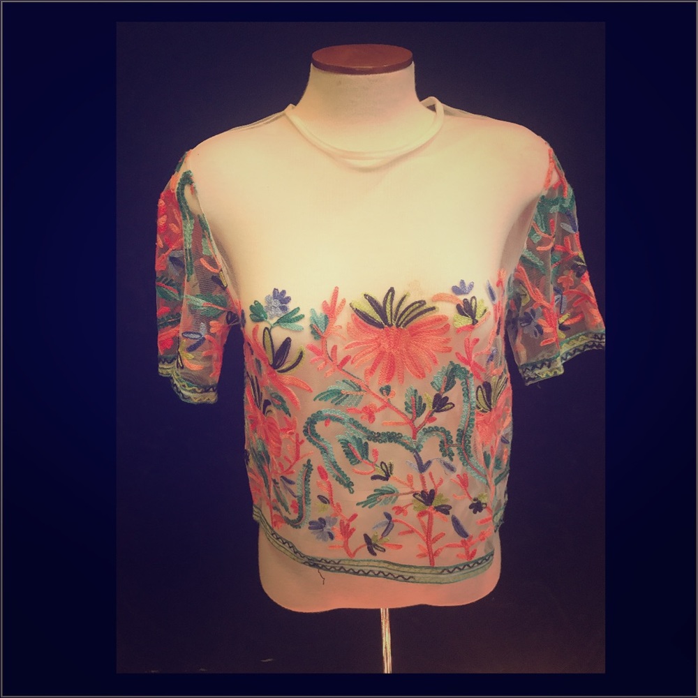 Floral Printed White Mesh Shirt