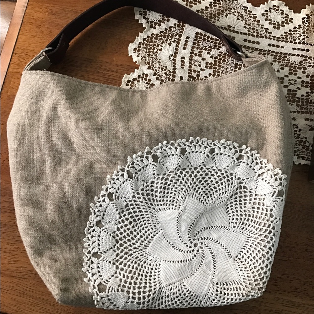 Handmade Burlap Doily Tote Bag