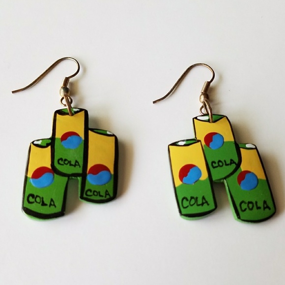 Vintage Jewelry - Vintage 80s Pop Folk Art Wooden COLA Earrings Z24