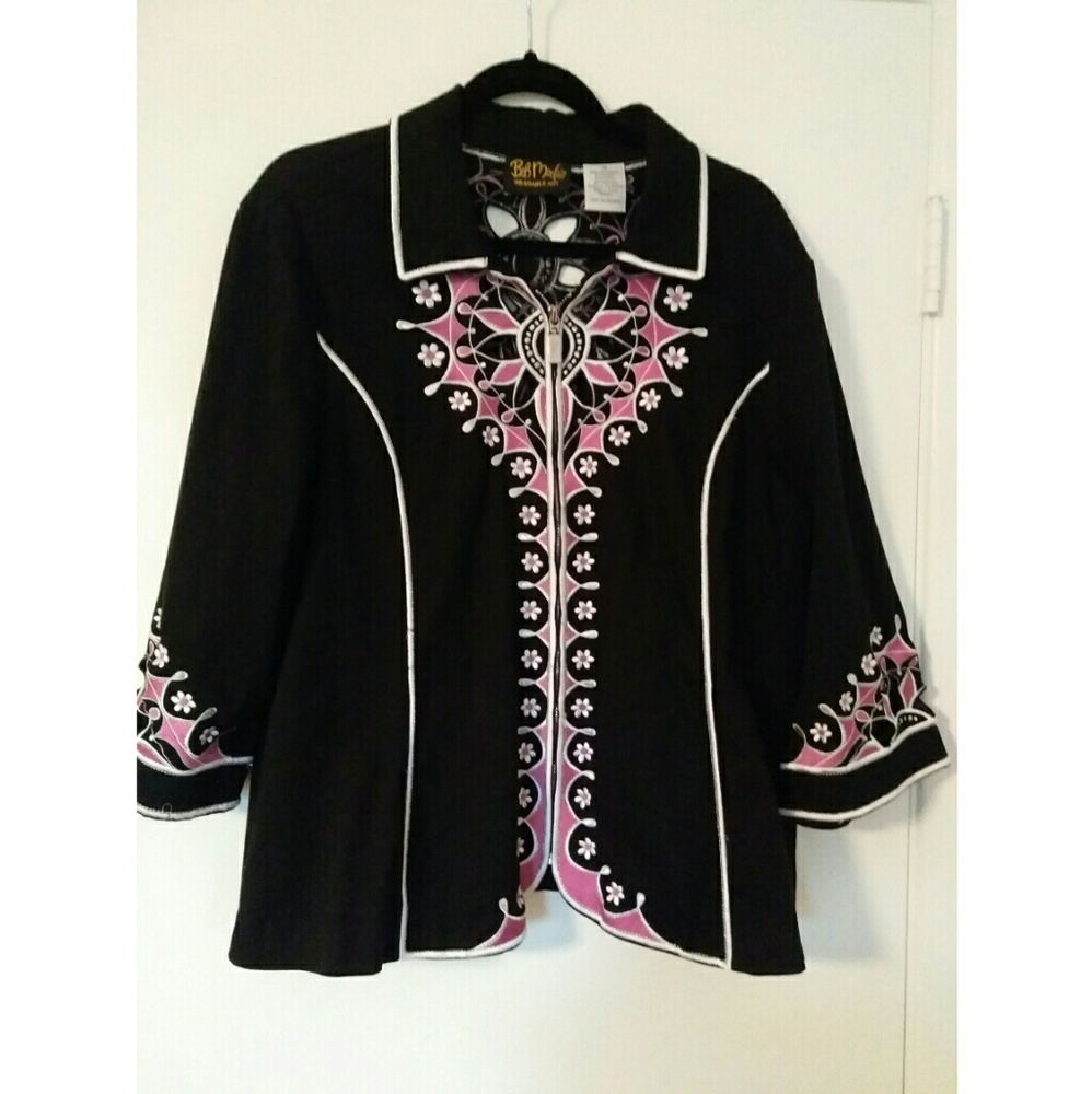 Bob Mackie Black Pink Embroidered Cutout Jacket
