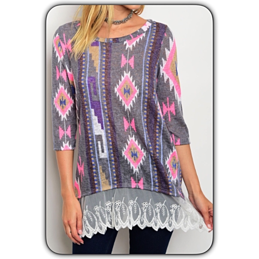 Beautiful Lace Hem Aztec Tunic Top Sold - Picture 3 of 5