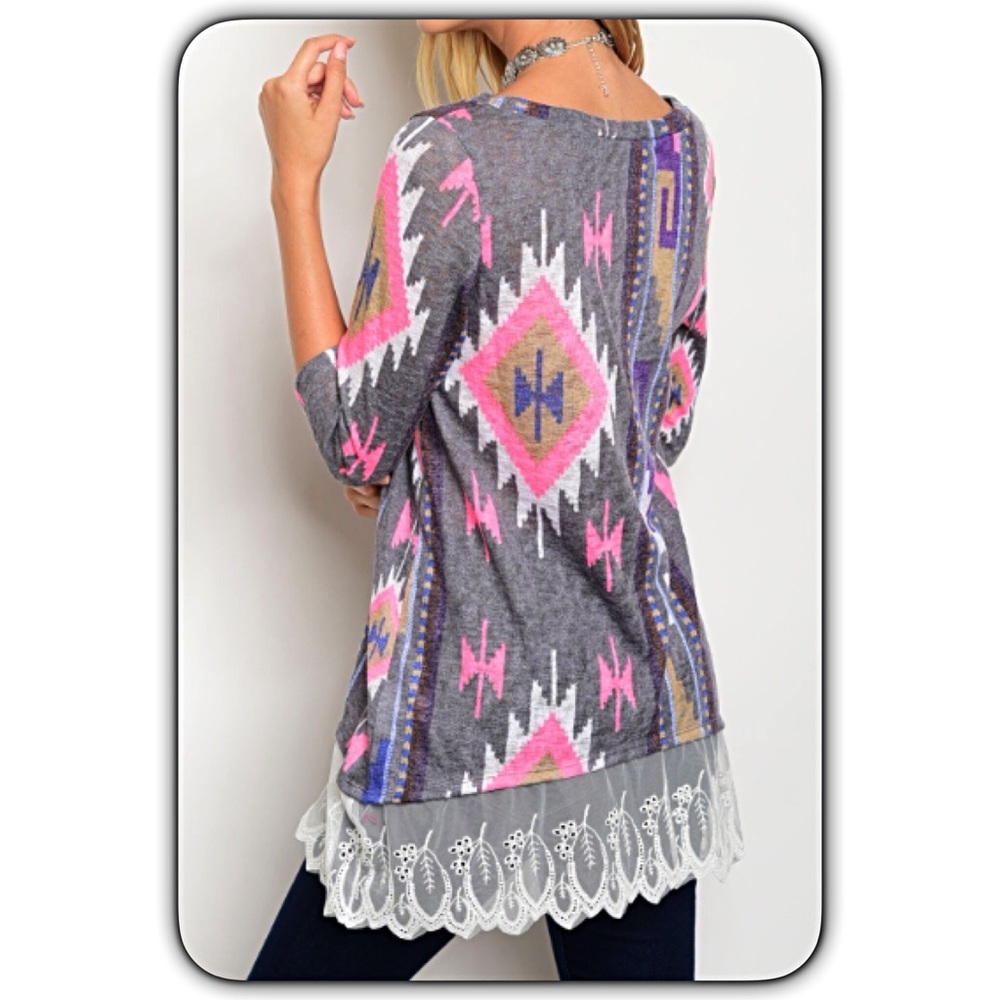 Beautiful Lace Hem Aztec Tunic Top Sold - Picture 4 of 5
