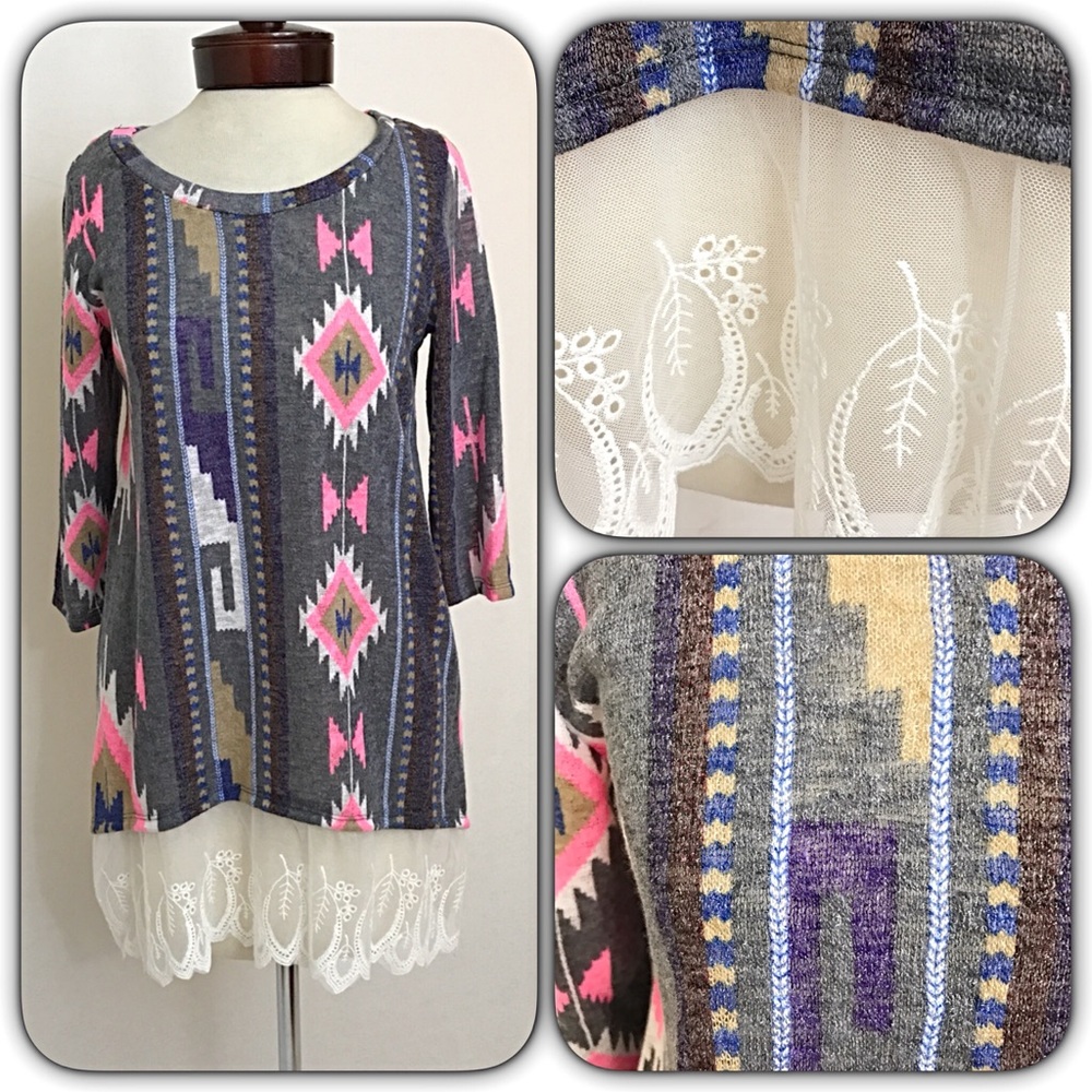 Beautiful Lace Hem Aztec Tunic Top Sold - Picture 5 of 5