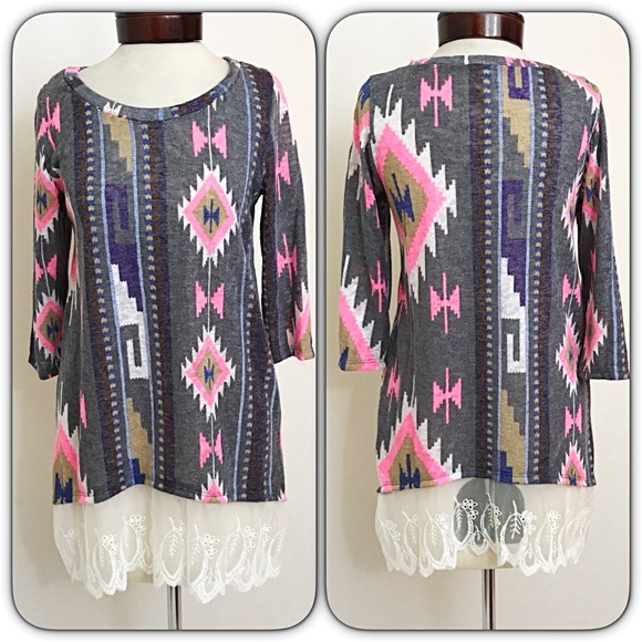 Beautiful Lace Hem Aztec Tunic Top Sold - Picture 2 of 5