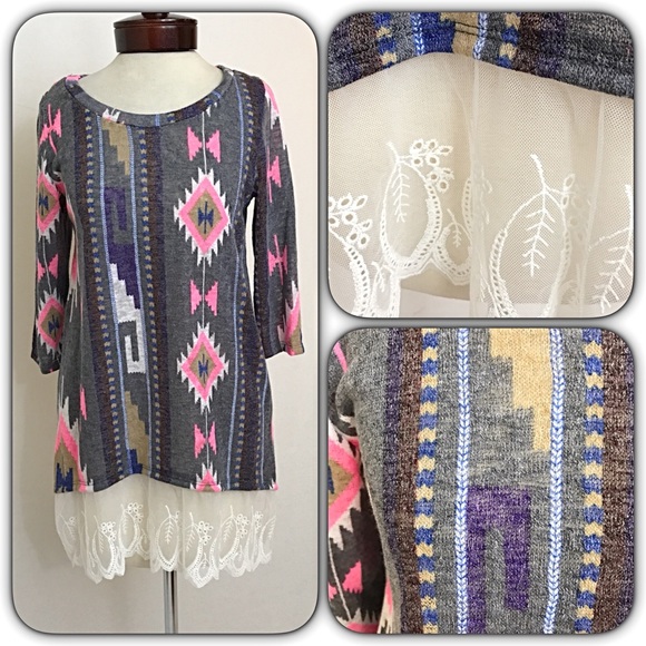Beautiful Lace Hem Aztec Tunic Top Sold - Picture 5 of 5