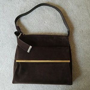 Gucci brown suede leather shoulder bag gold trim