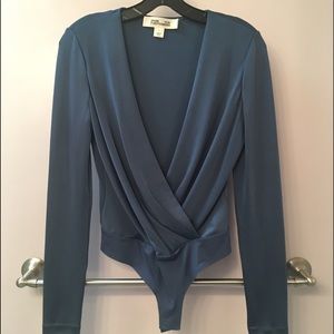 Diane Von Furstenberg blue satin-finish bodysuit