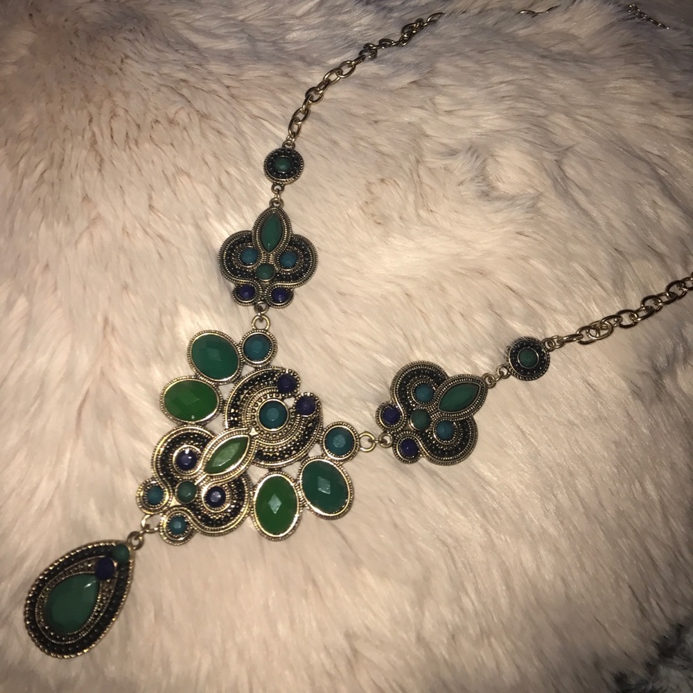 Emerald Blue and Gold Statement Necklace
