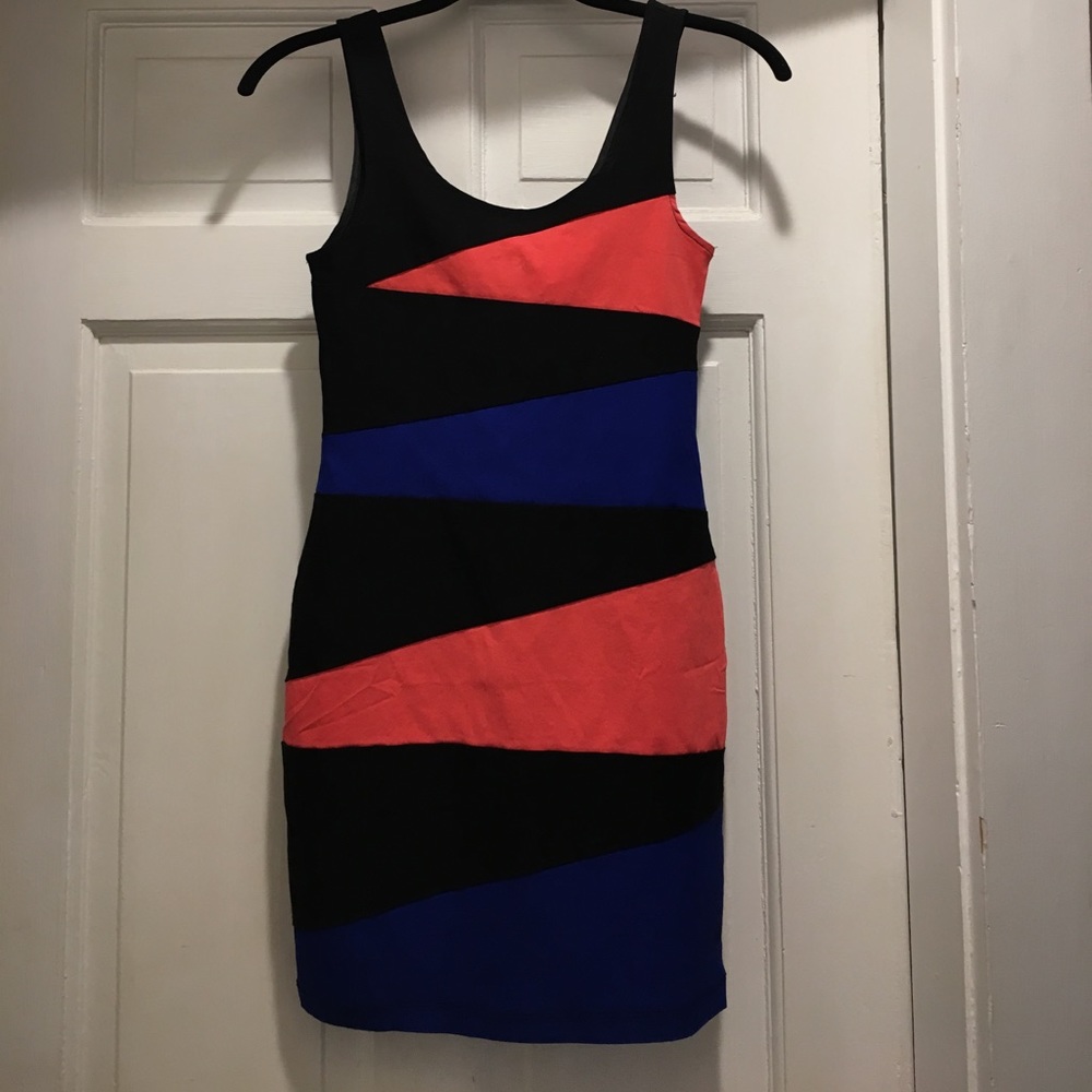 black dress with orange and blue accents