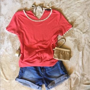 Coral and tan knit top with ribbon tie on back
