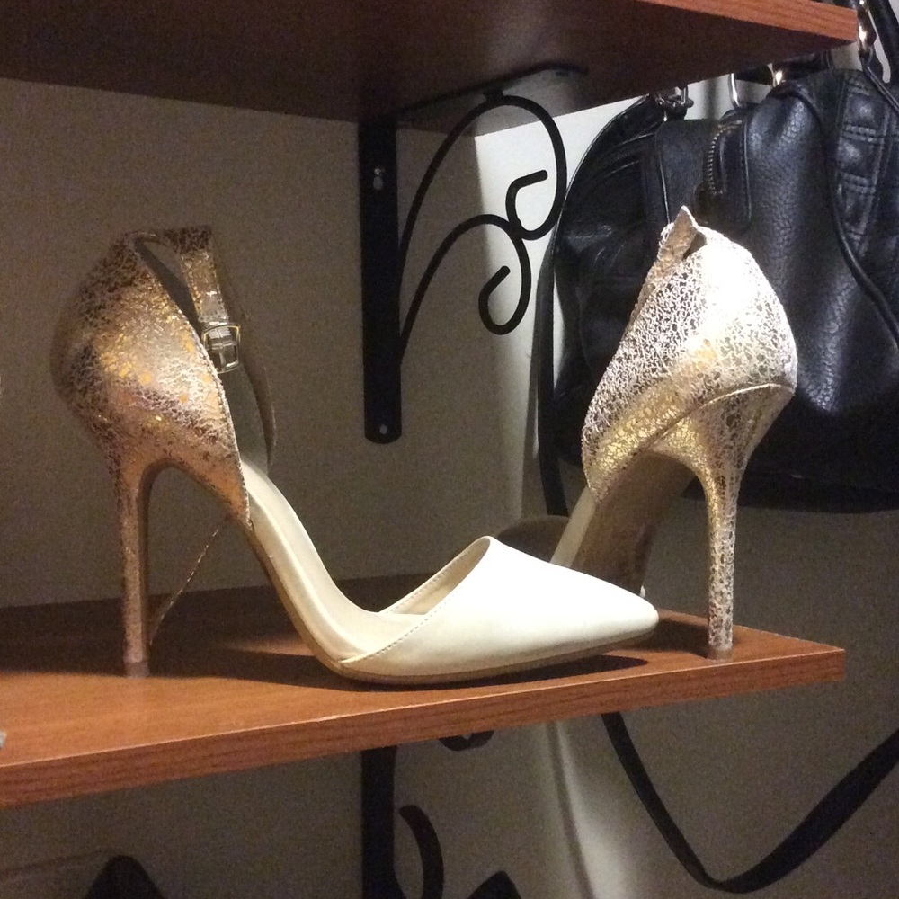 Beige stilettos with gold speckled heel